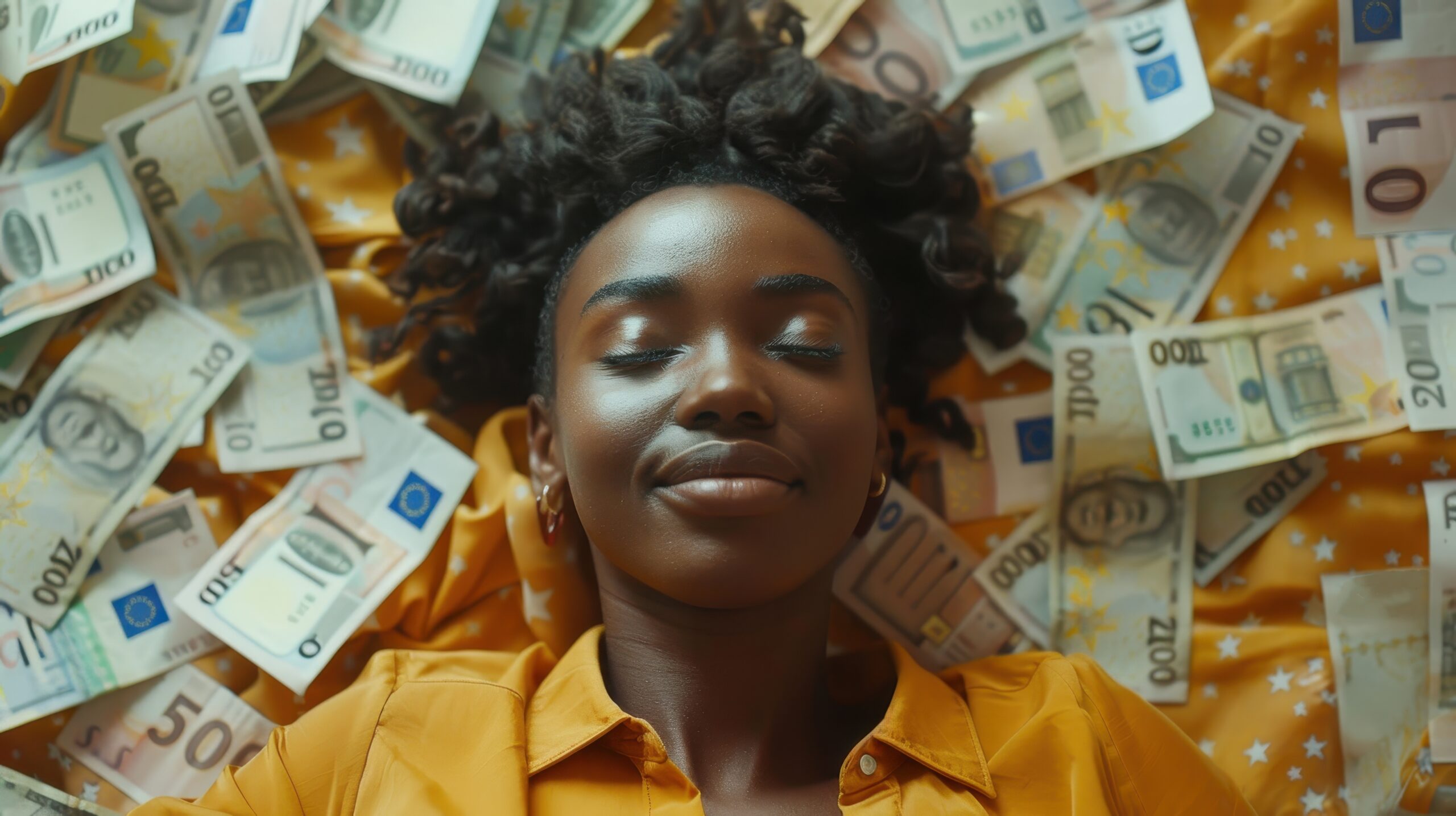 portrait woman surrounded by money scaled